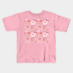 Pink Hibiscus and Sakura Red Background Kids T-Shirt